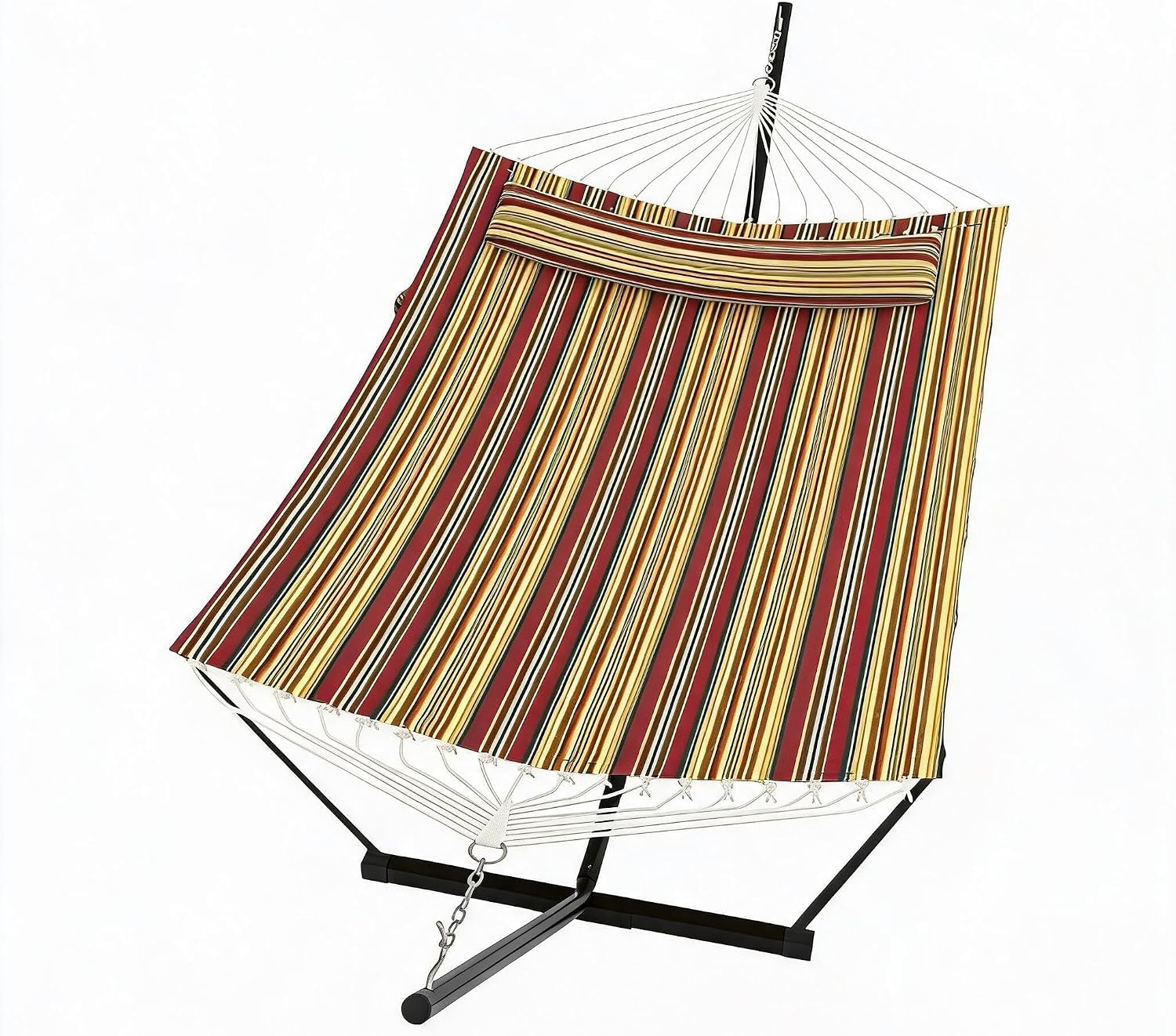 GarveeMore Heavy Duty Double Hammock with Stand & Detachable Pillow – 2 Person, 450 lbs Capacity, Freestanding Outdoor Patio Furniture, Balance Rope, 12ft Frame, Backyard, Poolside – Red-Yellow Stripe