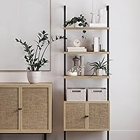 Vista 6 de Nathan James Moderno mueble de entretenimiento con soporte de TV, roble negro y escalera Theo con cajones de ratán y marco de acero mate, roble