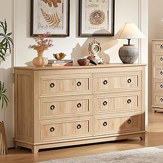 6 Drawers Dresser for Bedroom, Farmhouse 54 Inch Wide Wood Dresser Chest of Drawers, Vintage Design TV Stand, Rustic Storage Dressers Organizer for Bedroom, Living Room, Hallway - Natural Wood