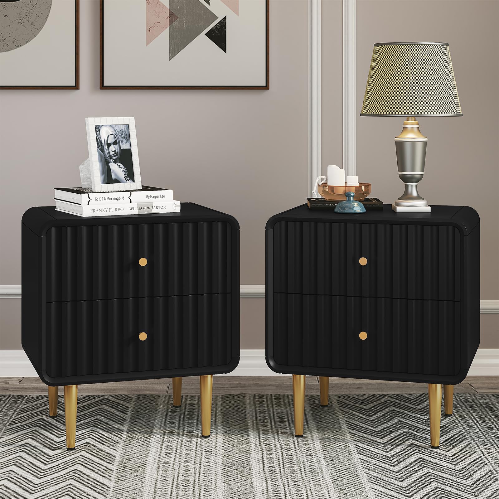 HOLTICO Bedside Table Set of 2, Modern Fluted Black Side Table for Bedroom