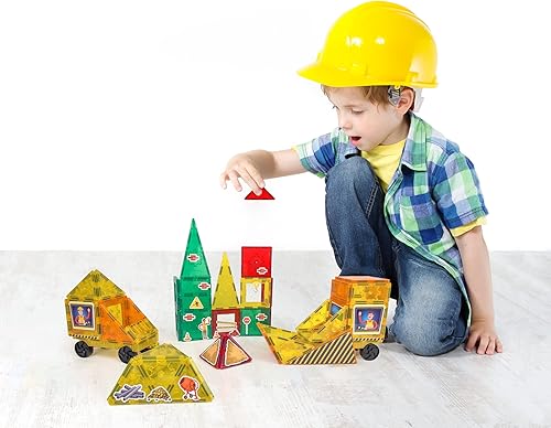Miniatura 7 de Tytan Tiles Construction Site & Trucks - Juego de construcción de azulejos magnéticos de 60 piezas, divertido juguete STEM para niños, juego