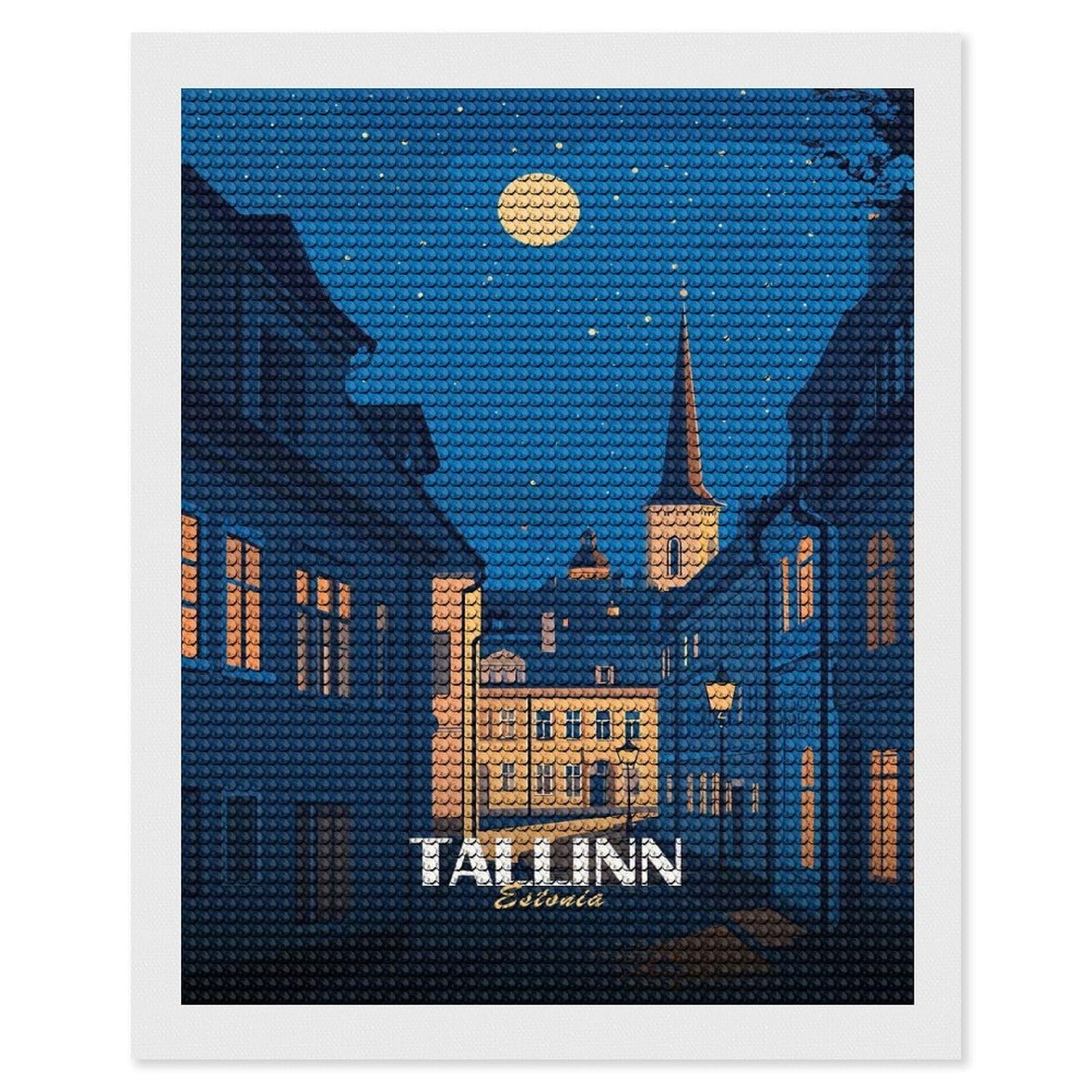 Junmoney Tallinn, Estonia Nightscape Illustration Diamond Art Canvas 16"x20", for Creative Relaxation, Simple to Start, Aesthetic Room Decor, Holiday Gift Idea