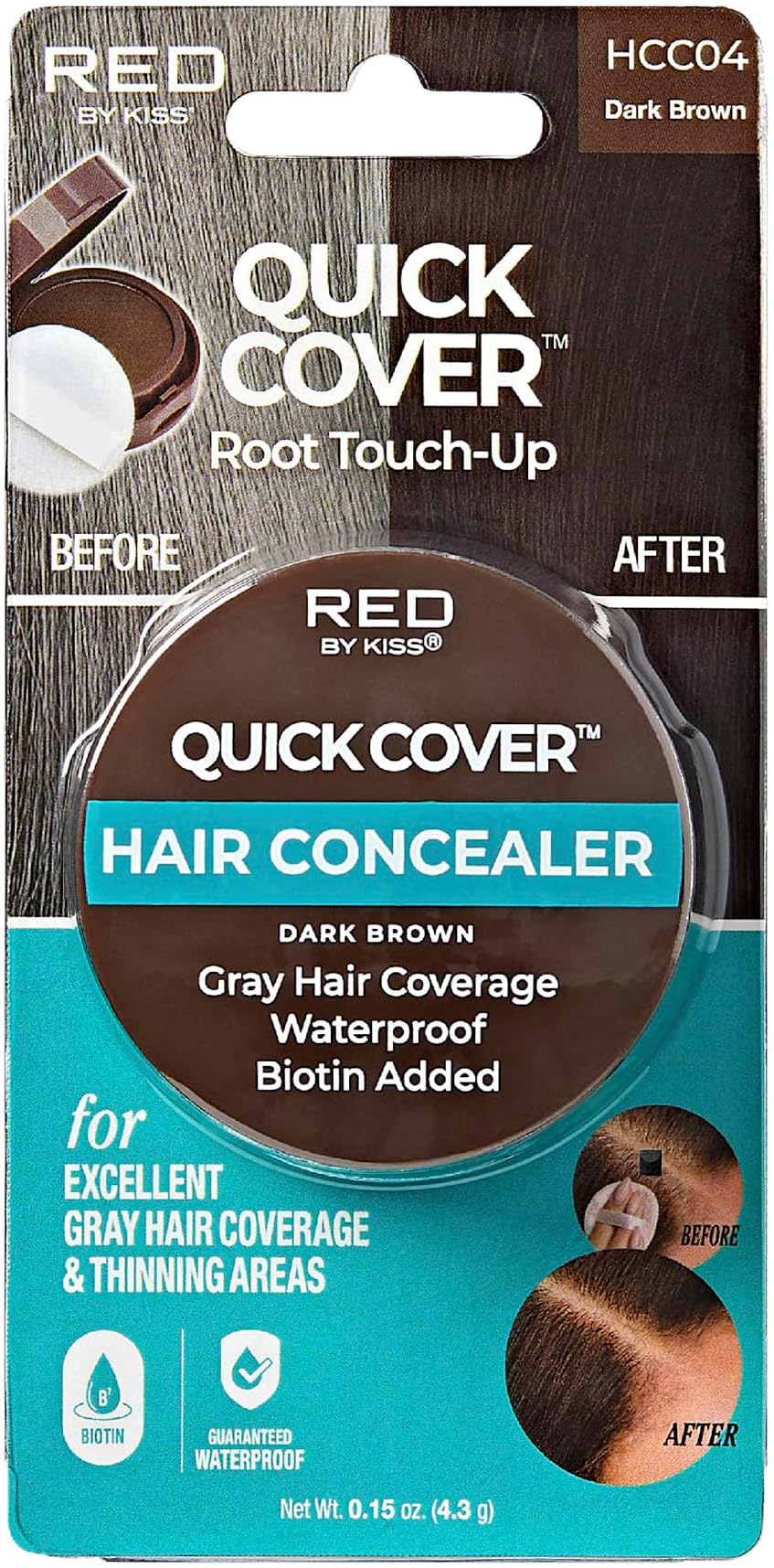 Red by Kiss Quick Cover Hair Concealer, Temporary Root Touch-Up, Broad Mass Gray Coverage, Lightweight & Waterproof, Biotin Infused (Dark Brown)