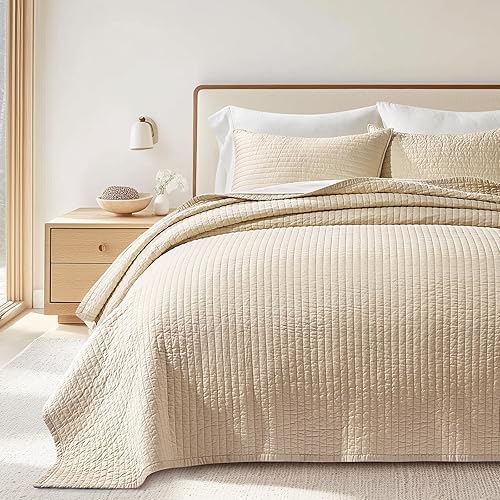 Miniatura 20 de EVERGRACEHOME Juego de edredón de satén de algodón tamaño King, edredón prelavado con costura de canal de algodón, juego de ropa de cama suave y