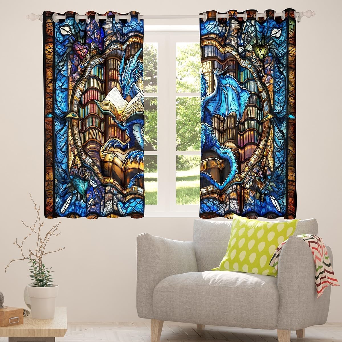 Westlicher Drache Fenstervorhänge, L Größe Blauer Drache Lesebucherregal Gute Schattierung Heimdekor Geometrische Patchwork Retro Fenstervorhänge 2 Panels,Guter Schattierungseffekt