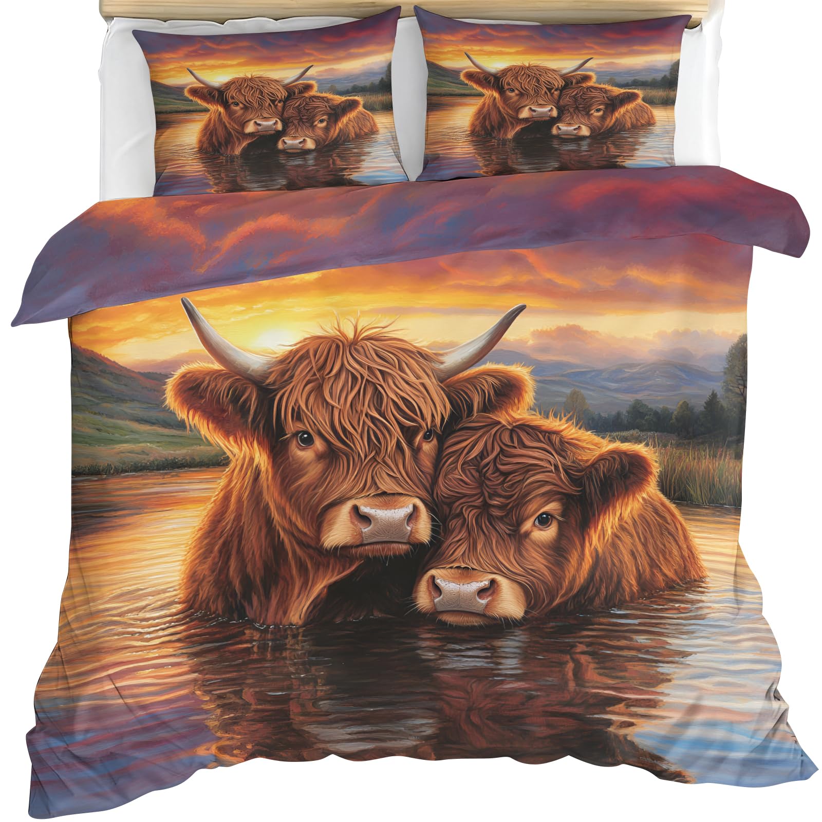 YEMYOR Highland Cow Comforter Cover King 230x220 cm, Cute Highland Cattle Bedding Set, Sunset Landscape Duvet Cover with 2 Pillowcases
