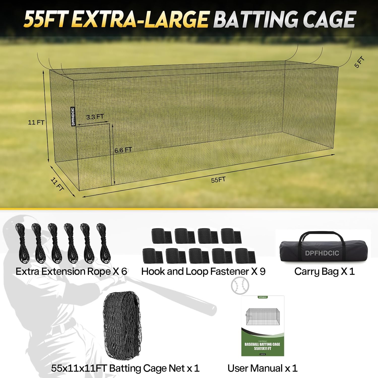 55'L x 11'W x 11'H Batting Cage Net 36 Ply PE Heavy Duty Baseball & Softball Batting Cage Netting Fully Enclosed Batting Cages for Backyard with Door (Net Only No Frame)