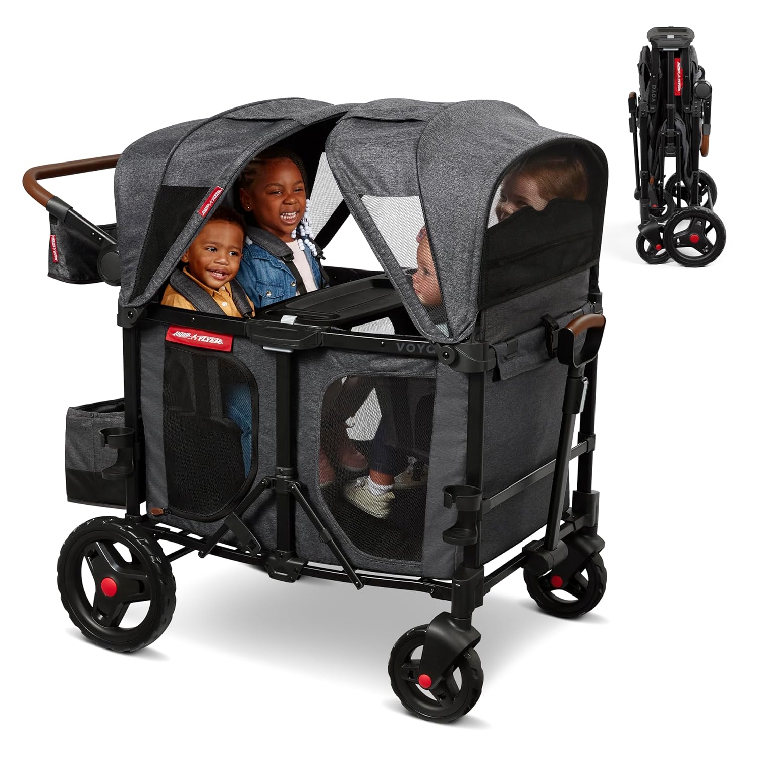 Radio Flyer Voya XT Quad Stroller Wagon, for Ages 6+ Months, Extra Tall Sides, Push or Pull, 4 Seats, Dual Sun Canopies, Compact Fold, Storage Space, 5-Point Harnesses, Stroller Wagon for Kids