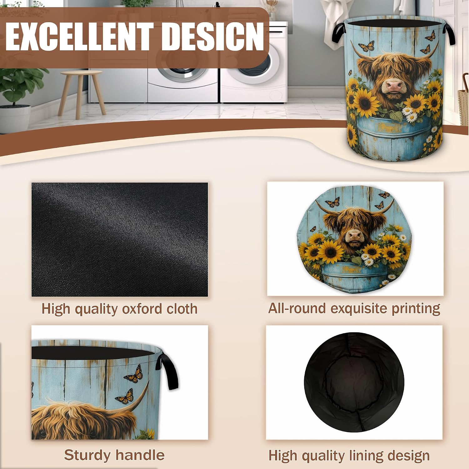 Highland Cow Laundry Hamper,Cow Sunflower Wood Laundry Baskets,Waterproof Oxford Cloth Toy Storage for Bedroom,Bathroom,Nursery,16x20.8 Inch