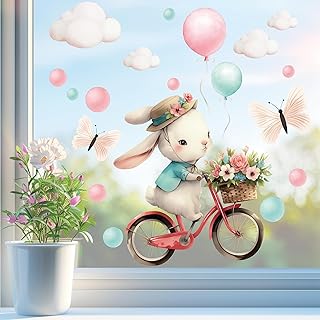 Sunnywall Fensterbild Fensterdeko Hase auf Fahrrad Luftballon Schmetterling Fensteraufkleber statisch selbstklebend beidseitiger Druck Aufkleber Fenstersticker WIEDERVERWENDBAR A2