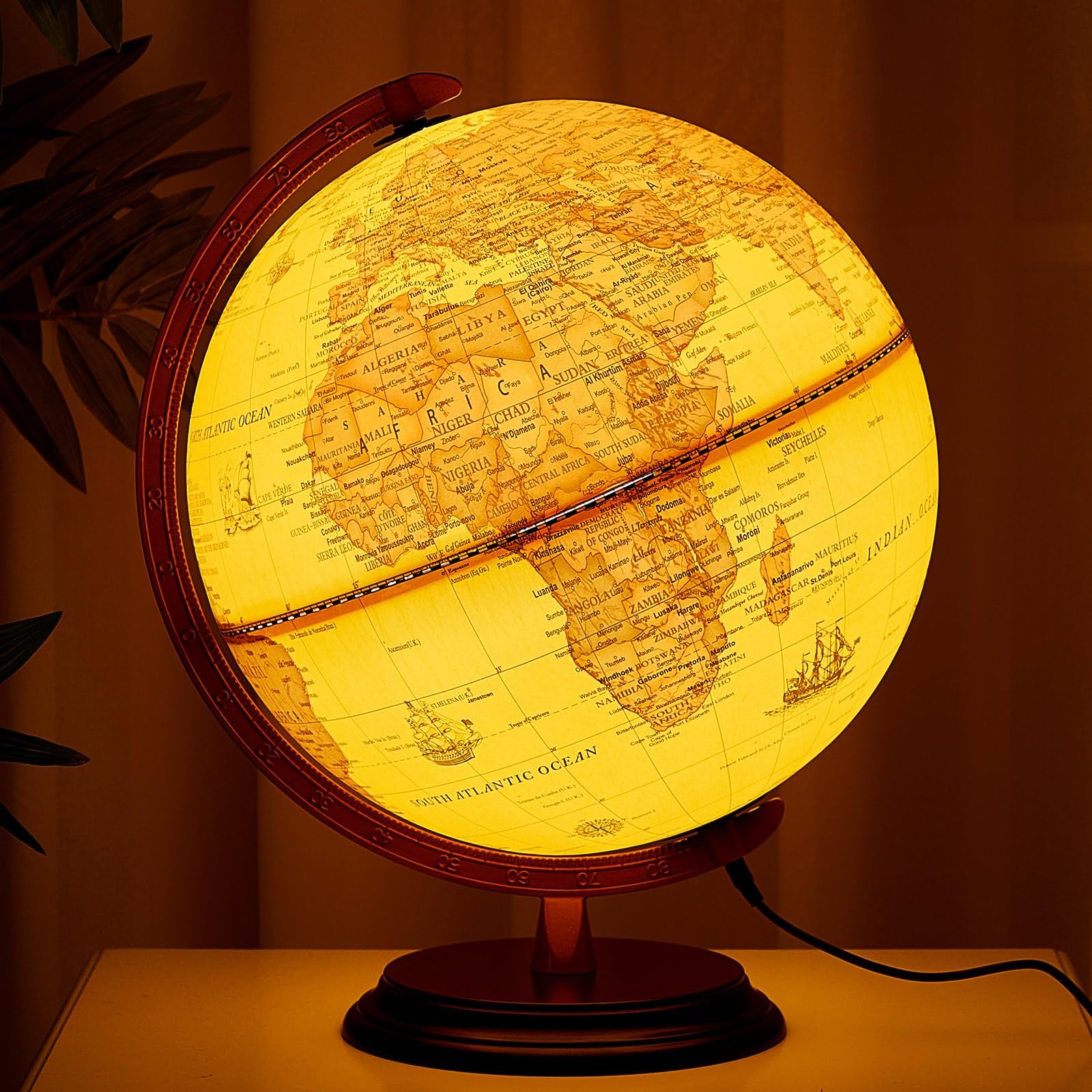 13'' Illuminated World Globe for Adults 720°/360° Rotation Rewritable Light Up Globe with Stand World Map for Interactive Learning Light with Base Lamp LED Decor(Wood,Vintage)