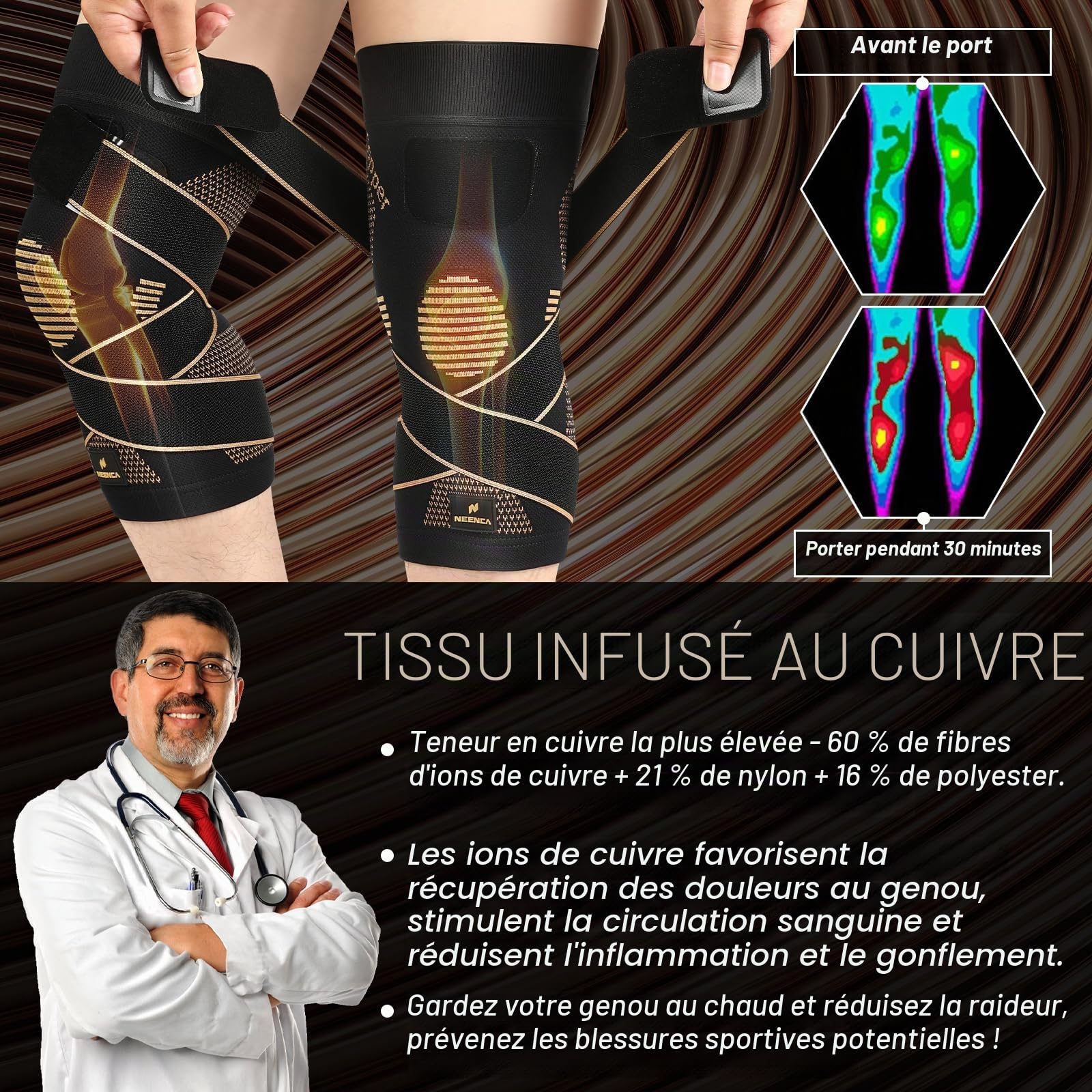 NEENCA Genouillère de compression en cuivre avec sangles pour femme/homme, pour douleurs au genou, arthrite et ligament croisé antérieur. Genouillère pour la course à pied et l'entraînement (unité)