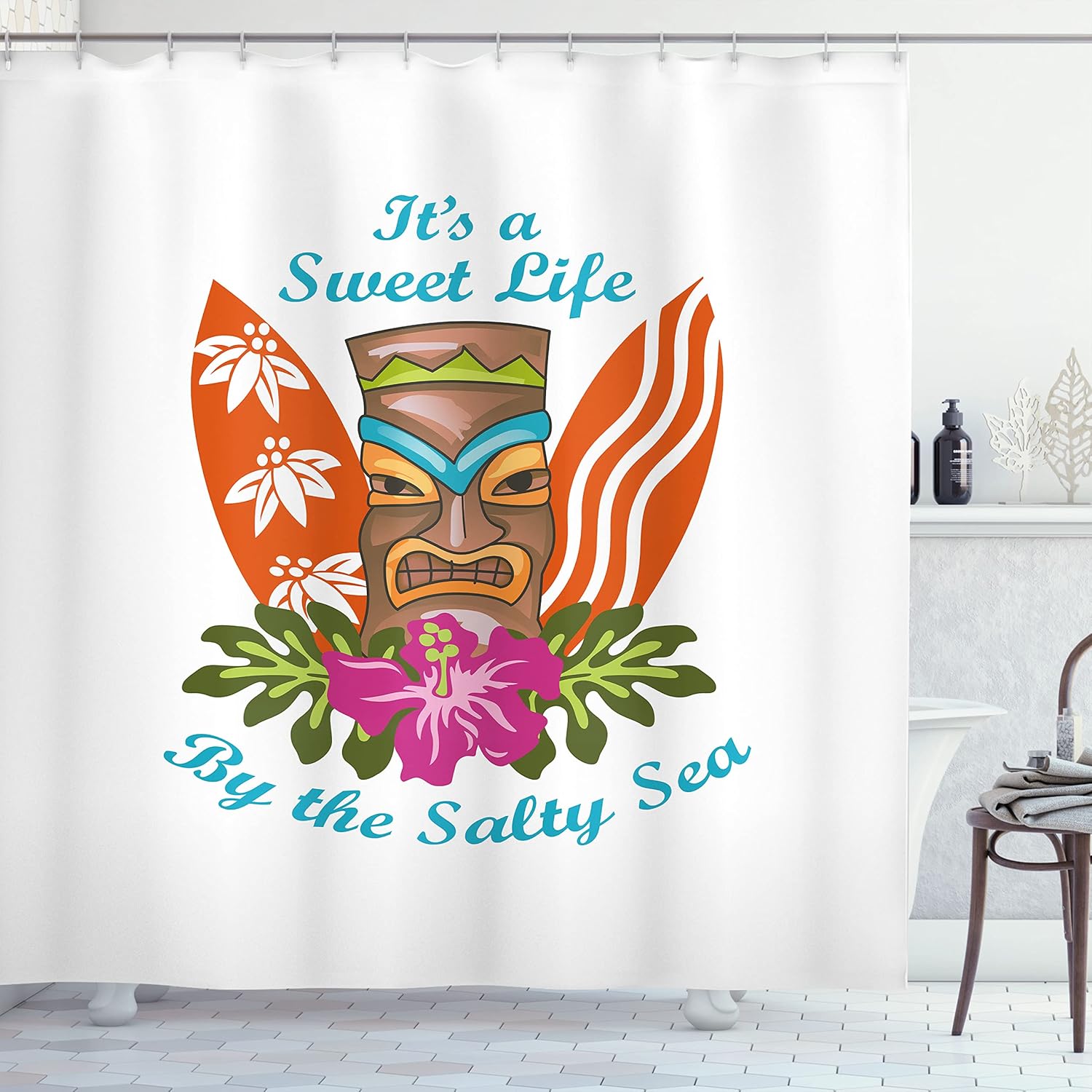 Ambesonne Tiki Bar Shower Curtain, Life by The Salty Sea Typography and Hibiscus Flower Art Print, Cloth Fabric Bathroom Decor Set with Hooks, 69" W x 70" L, Orange Umber Blue