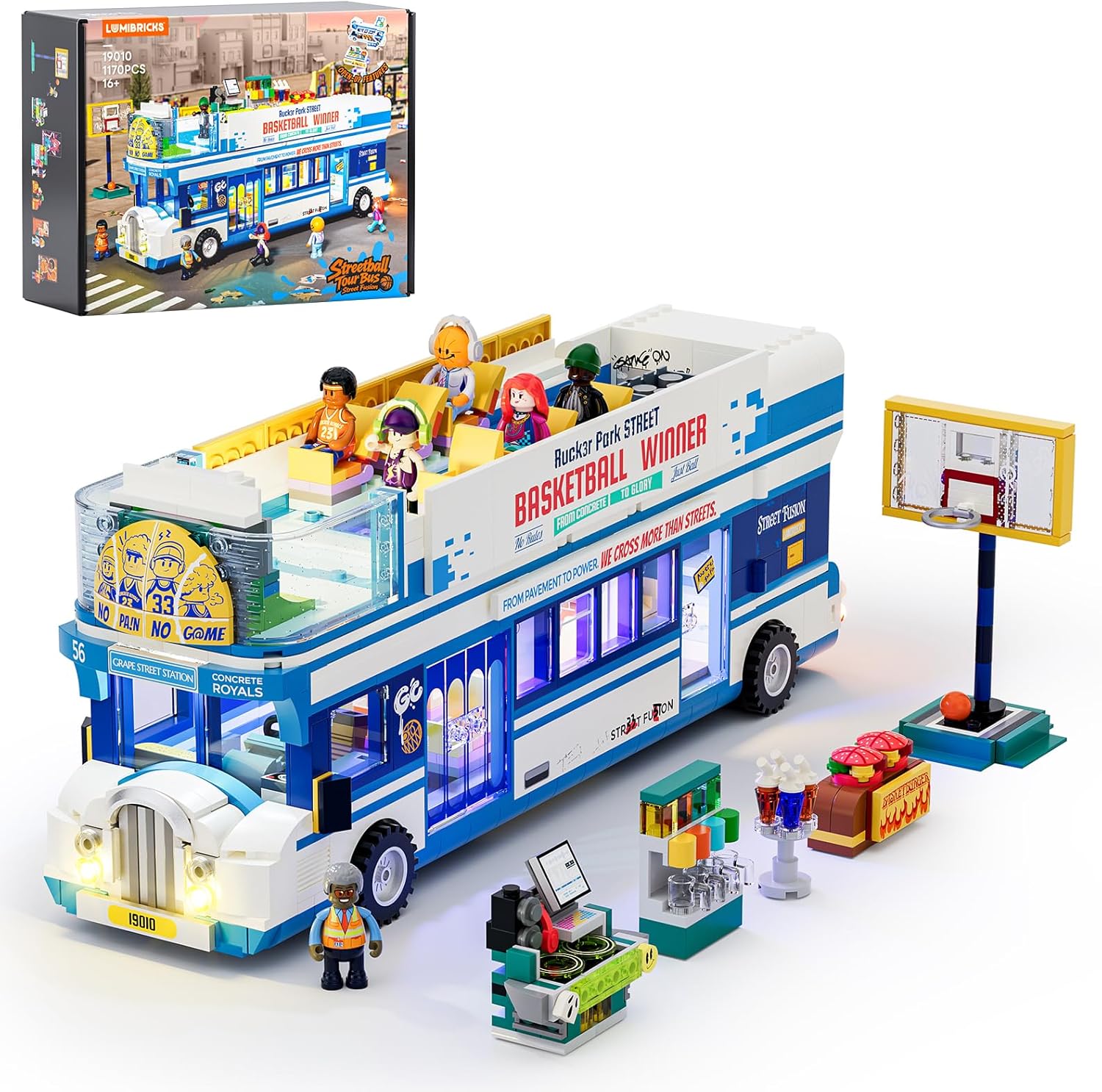 Street Fusion Streetball Tour Bus Lighting Building Bricks Set - City Town Modular Playset Collection Display kit with Minifigures 1170 Pcs for Adults & Teens & Life Enthusiasts