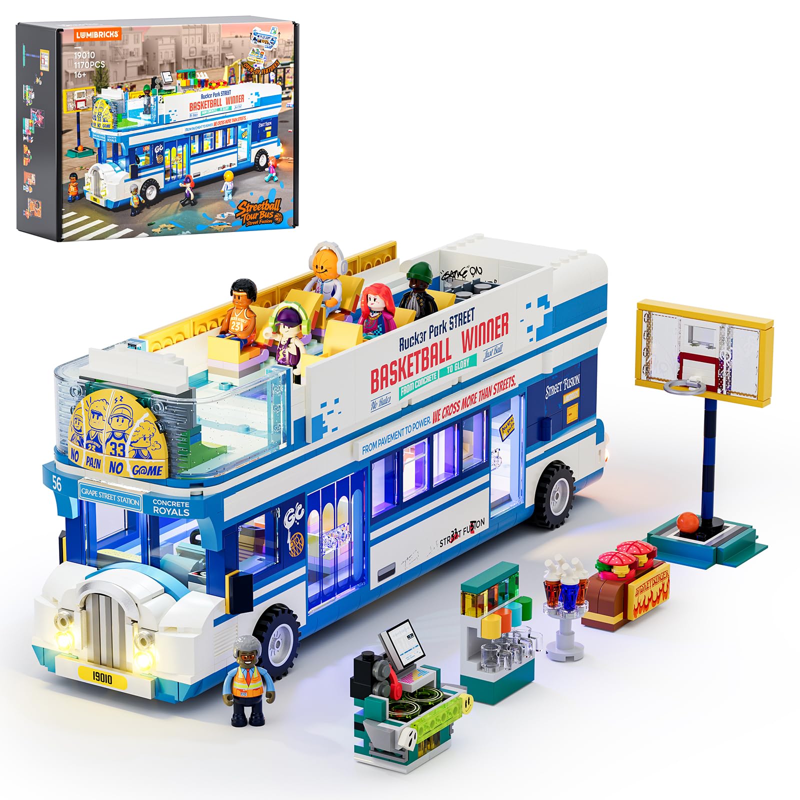 Lumibricks Streetball-Tour-Bus Building Set with Lights, Modular Basketball Team Bus with 1 Hoop, Gift for Basketball and Building Block Fans,1170pcs,19010