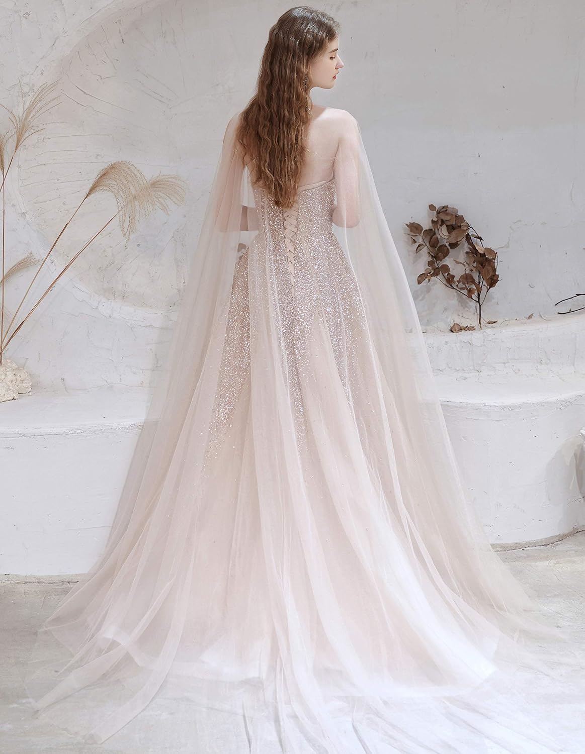 Women's Beaded Sequins Lace-up Tulle Prom Dress with Shawl