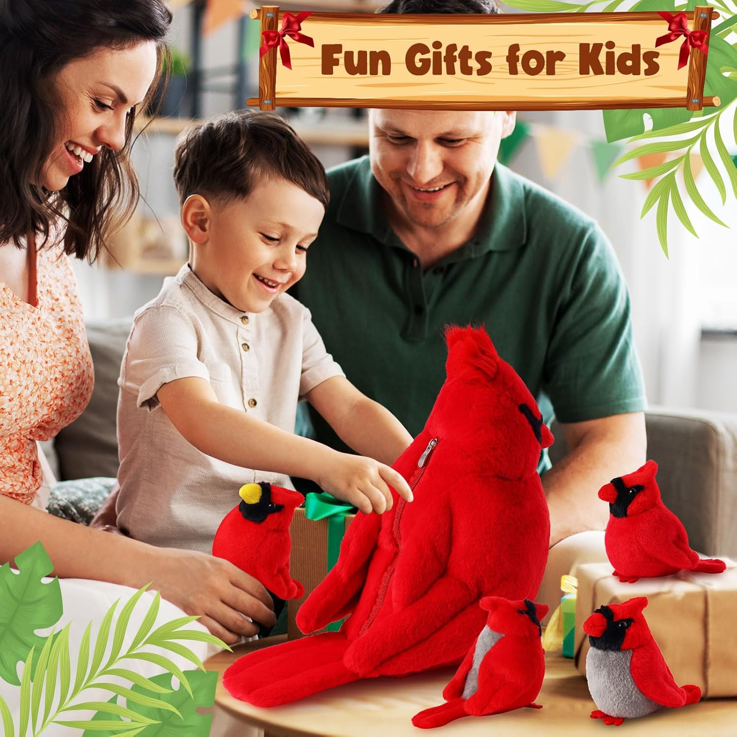 5 Pcs Northern Cardinal Plush Mommy Stuffed Animal with Baby Plush Red Bird Soft for Christmas Girls Birthday Xmas Bedtime Gift Chair Bolster Nursery Decor(Cardinal)