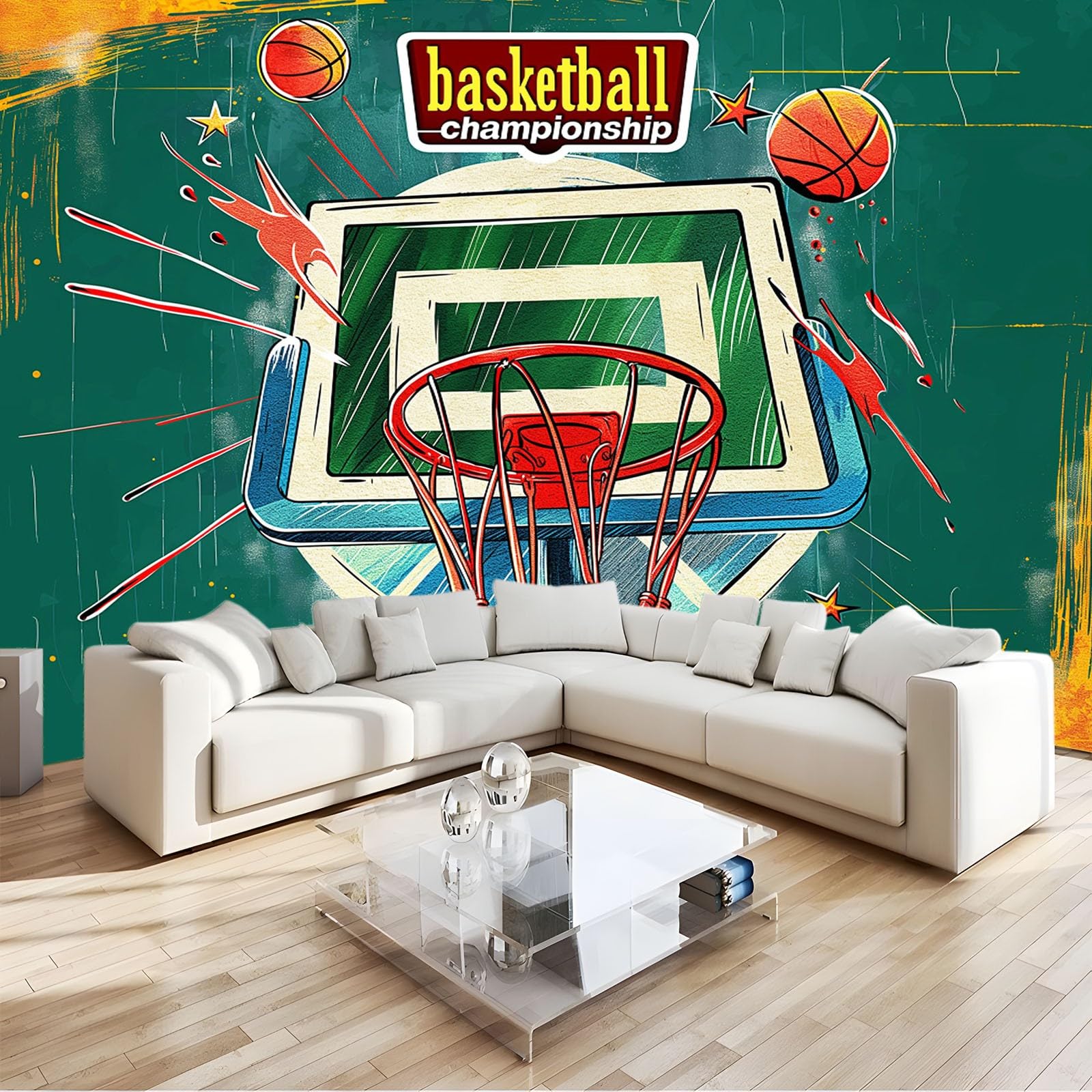 Papier peint intissé basket-ball vert 3D panoramique déco chambre ado