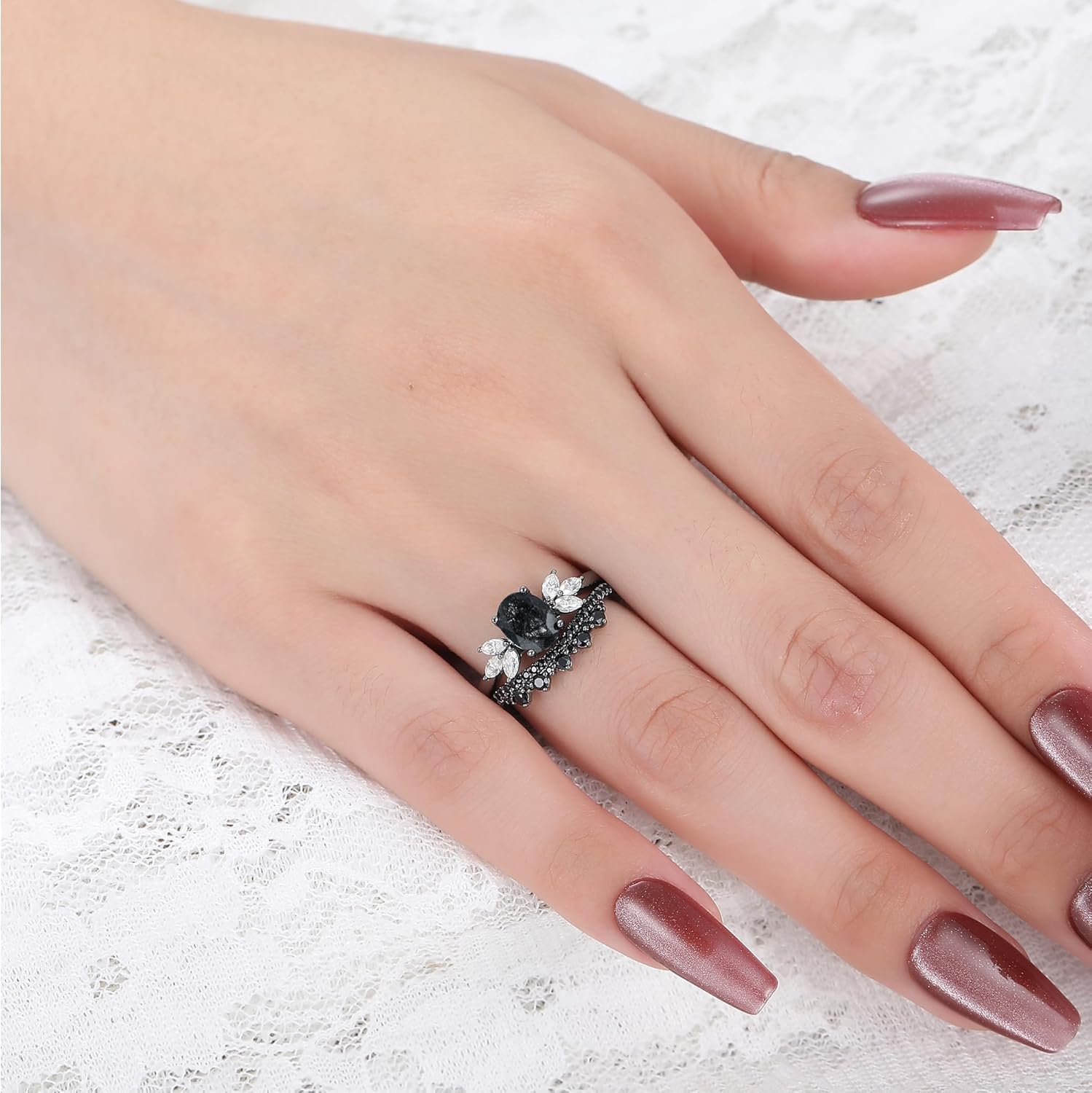 Oval Natural Black Rutilated Quartz Celtic Knot Bridal Wedding Ring Sets with Black Gold or Platinum Plated 925 Sterling Silver, Irish Gothic Engagement Rings and Spinel Trinity Annversary Band Size 4-9