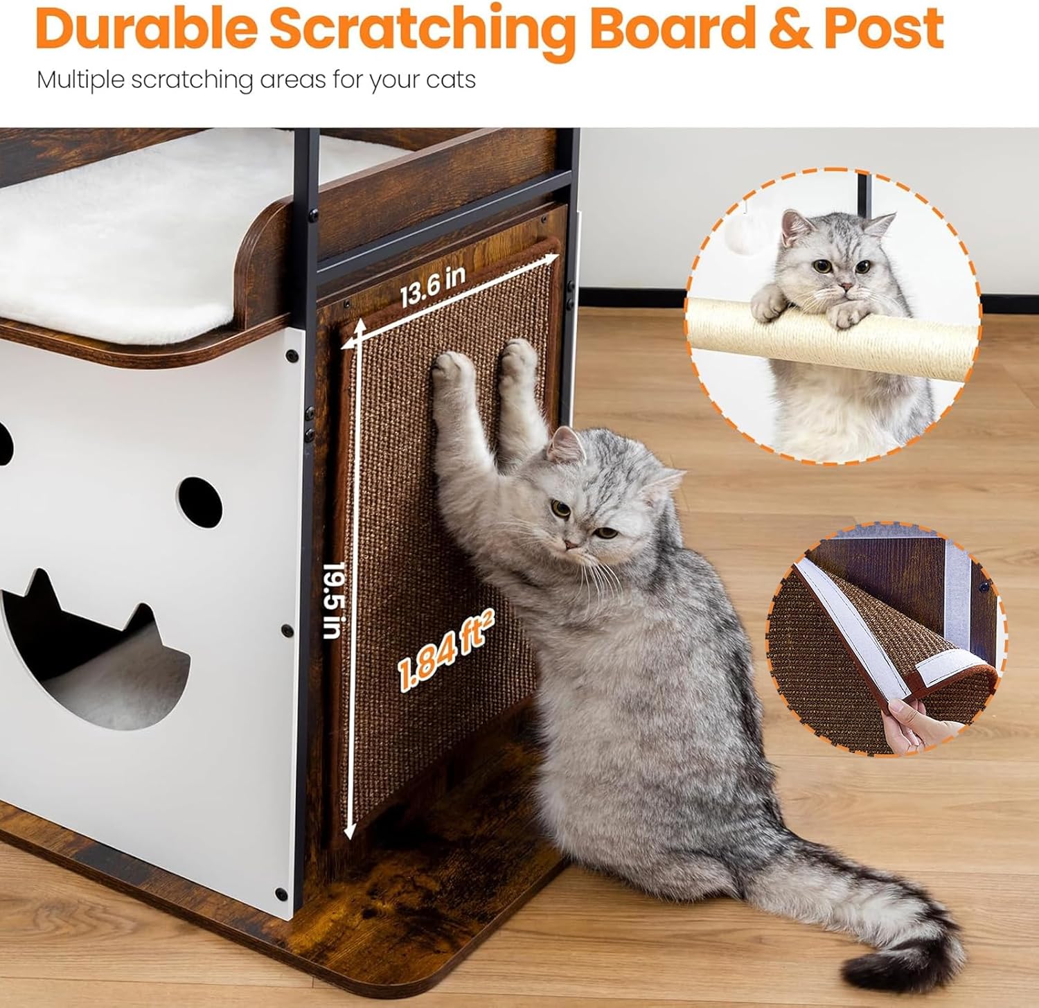 Wood Modern Cat Tree Tower for Indoor Large Cats, 48-Inch Tall Wooden Cat Trees with Big Perch Bed, Multi-Level Condo with Scratching Board Posts, Removable Pads, Cat Furniture, Rustic Brown