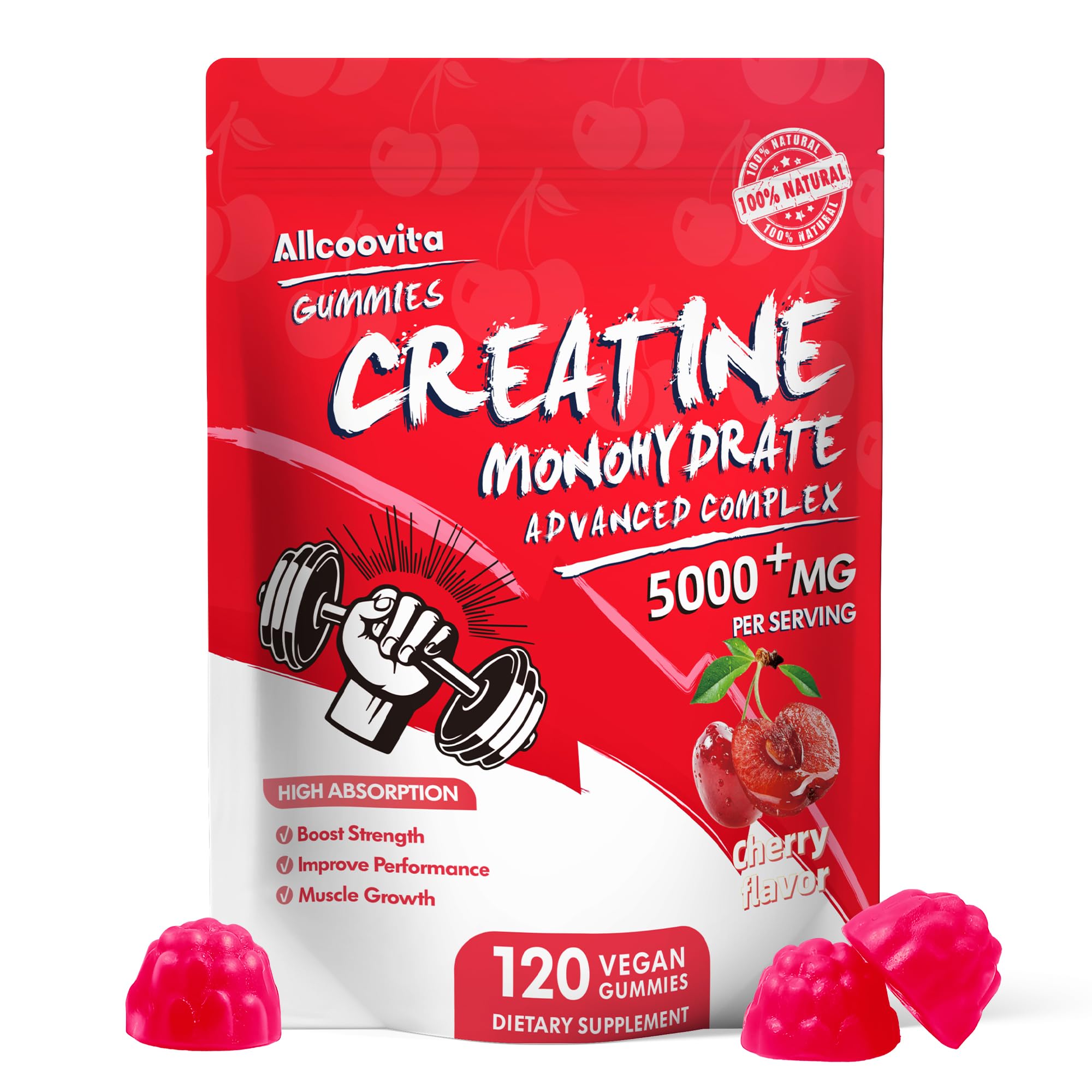 Allcoovita Creatine Monohydrate Gummies 5g for Men & Women. Boost Focus,Strength, and Endurance, Anti-Melting Formula, Vegan, Gluten-Free, Non-GMO,(Cherry 120 ct) Cherry 120 Count (Pack of 1)