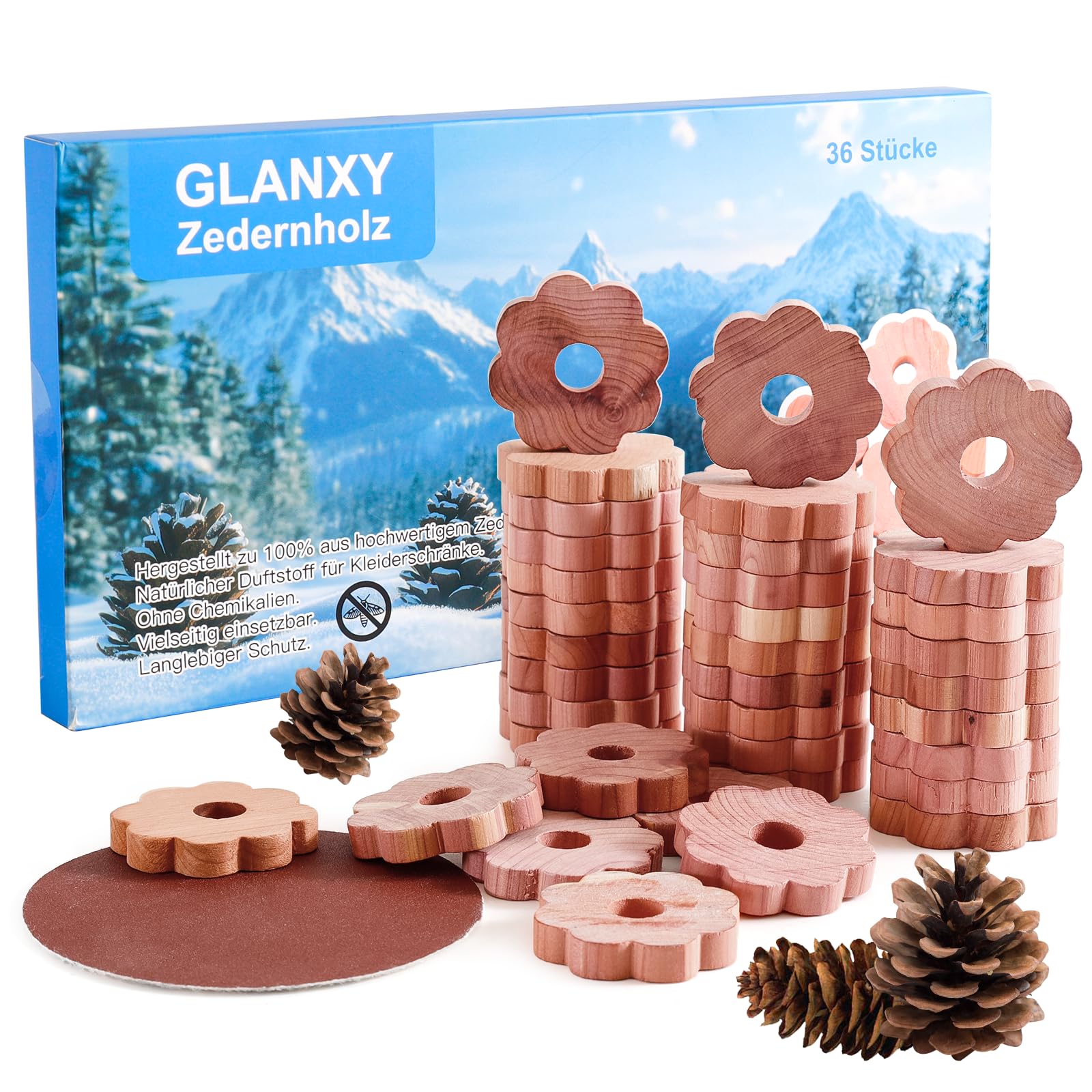Zedernholz Mottenringe Ringe 36 Stück | GLANXY Premium Mottenschutz für Kleiderschrank | Chemiefreie Mottenfalle mit Langzeit-Schutz | Naturprodukt gegen Kleidermotten Mit Schleifpapier