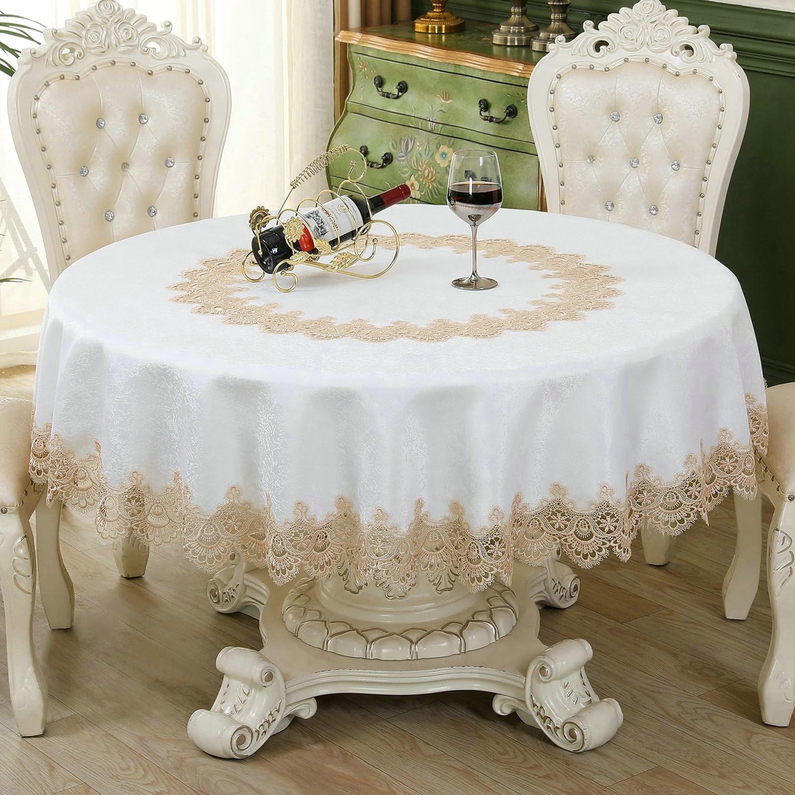 Runde Tischdecke Abwaschbar 180 cm, Spitze Blume Jacquard Polyester
