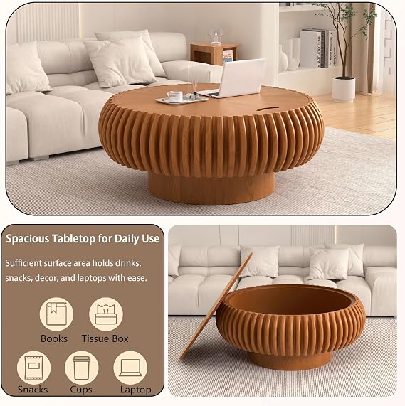 80 cm Round Coffee Table with Storage, Brown