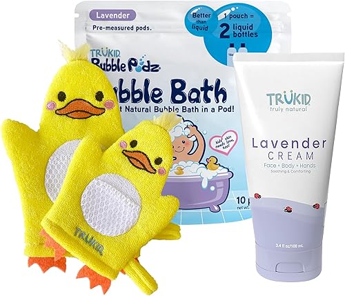 TruKid Lavender Bubble Podz, juego de crema para bebés y guantes de burbujas, paquete relajante de baño y cuidado de la piel para niños