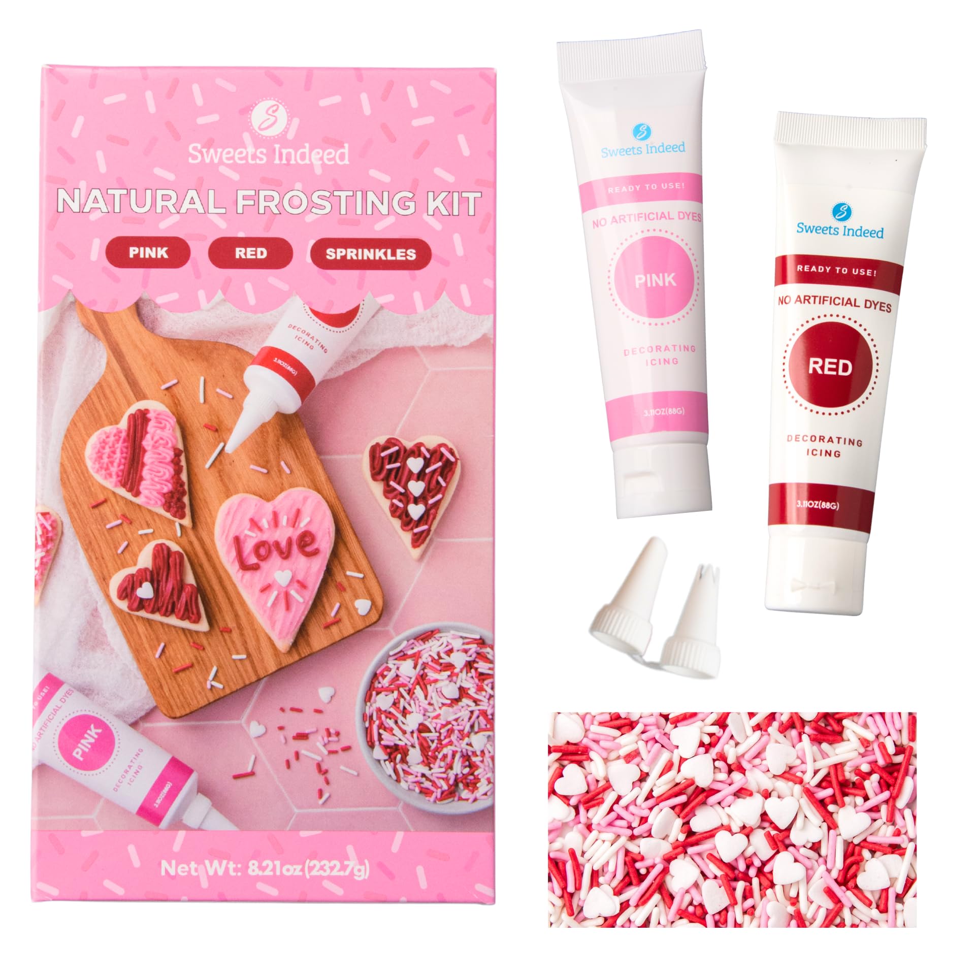 Sweets Indeed Valentines Day Dye Free Frosting Decorating Kit | Red & Pink Frosting Tubes with Heart Jimmies Sprinkles | No Artificial Dyes | 8.21
