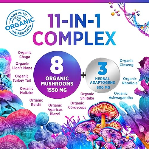 Miniatura 3 de Suplemento de hongos en polvo de 2200 mg  Fórmula compleja 11 en 1 en polvo con melena de león orgánica, Reishi, Cordyceps, Chaga, extracto de hongo