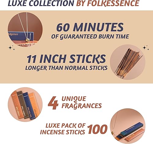 Miniatura 2 de Folkulture Varitas de incienso con tiempo de combustión de 60 minutos, juego de 4 Insenses (11 pulgadas  100 palitos de insencia)  Orquídea, Oud de