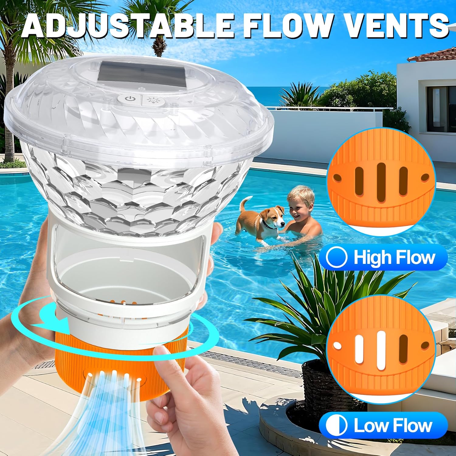 Close-up of the KingSom chlorine floater's adjustable flow vents, showing high and low flow settings