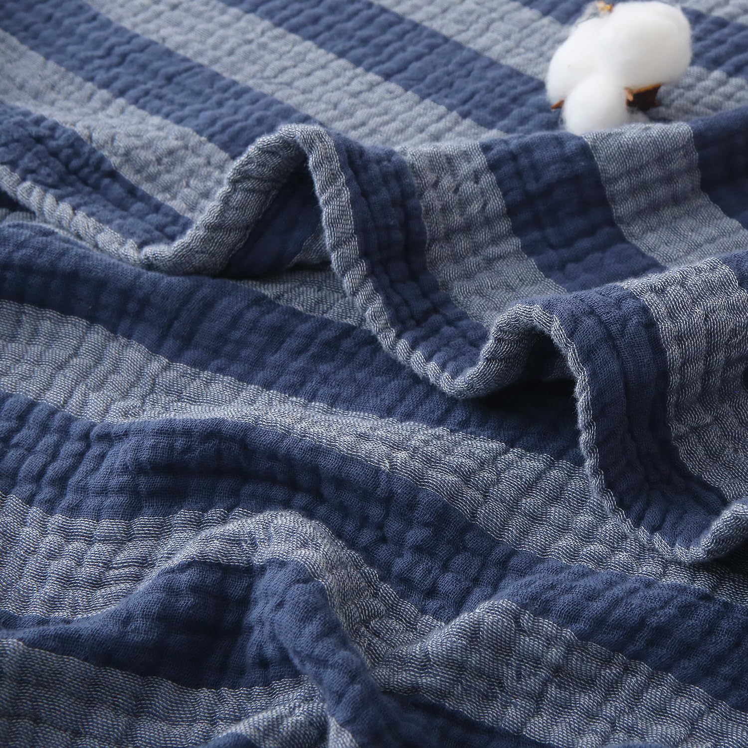 EMME Cotton Muslin Blanket Couch 4-Layer Breathable Gauze Soft Lightweight Bed Blankets Adults Dark Navy Throw XL (50" x 70")