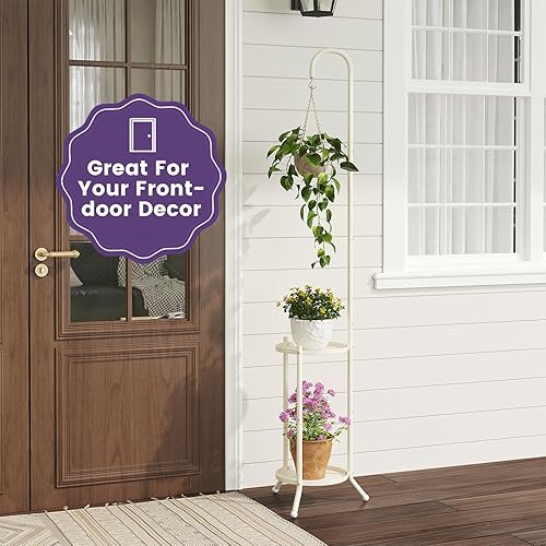 Miniatura 7 de Soporte de metal para plantas de 2 niveles con gancho para colgar, estante para plantas de interior y exterior, soporte resistente para plantas de