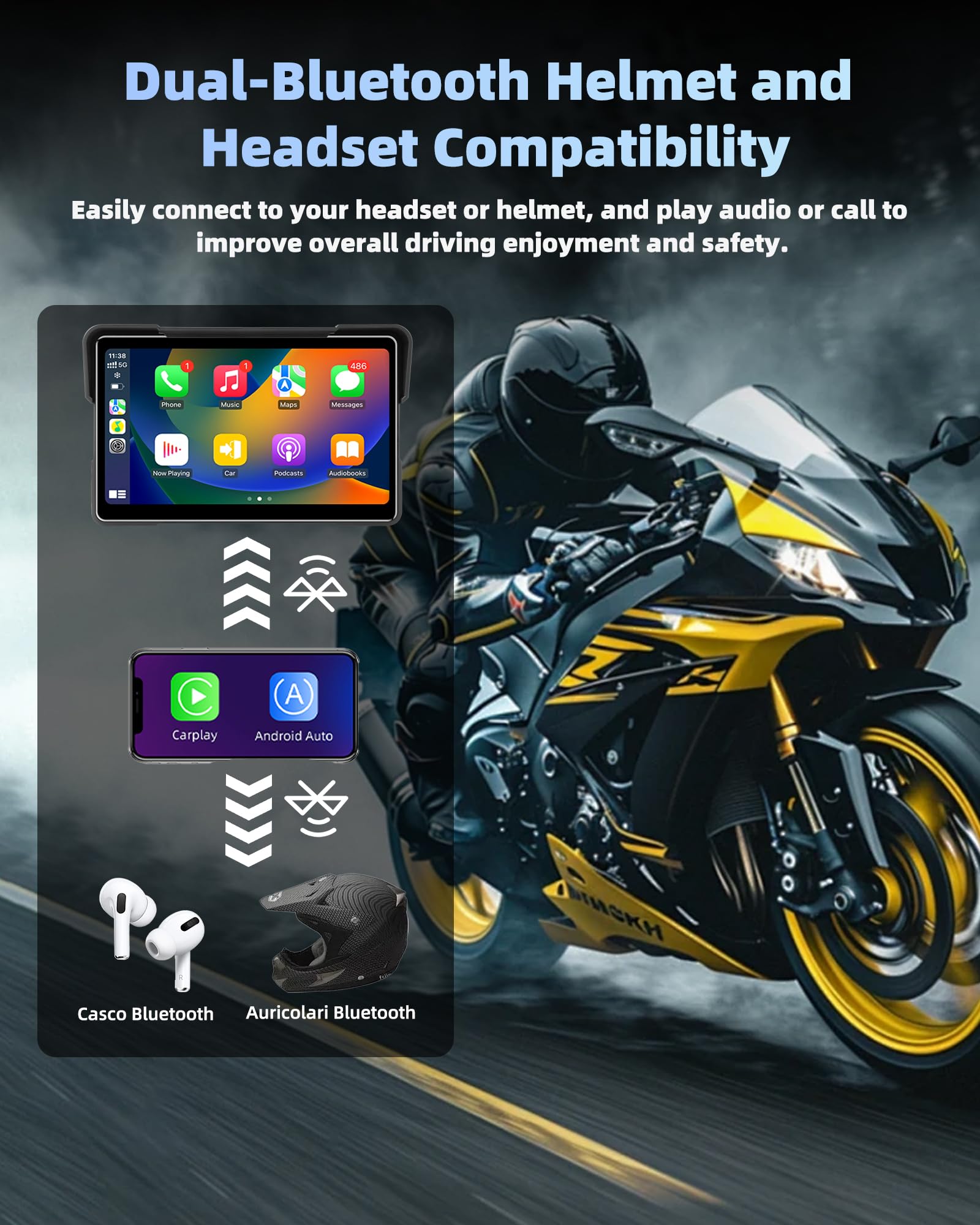 Jansite Carplay Moto Android Auto con TPMS, 7" GPS Moto Navegador Pantalla Táctil Resistente al Agua IP67 Bluetooth Siri y Asistente de Google — view 6