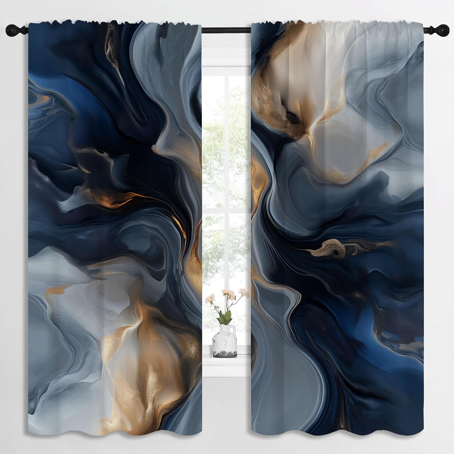 Navy Blue Marble Blackout Curtains for Boys Girl Bedroom Decor,Gold Veins Liquid Texture Abstract Thermal Insulated Rod Pocket Drapes Darkening Window Curtain for Living Room Home 72x63 inch