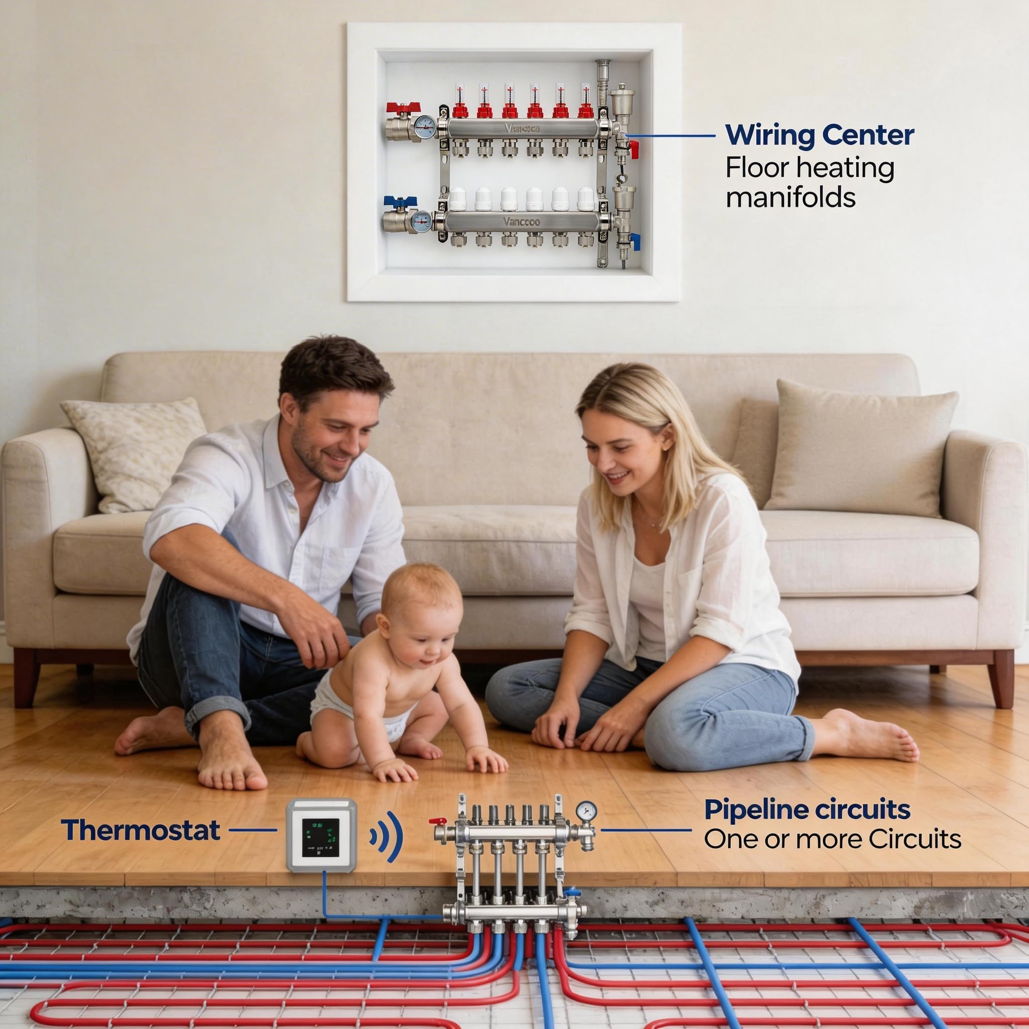 VANCOCO Sistema de calefacción de suelo radiante PEX de 6 bucles con adaptadores de tubo PEX de 1,27 cm, colector de acero inoxidable para calefacción de suelo radiante hidrónico