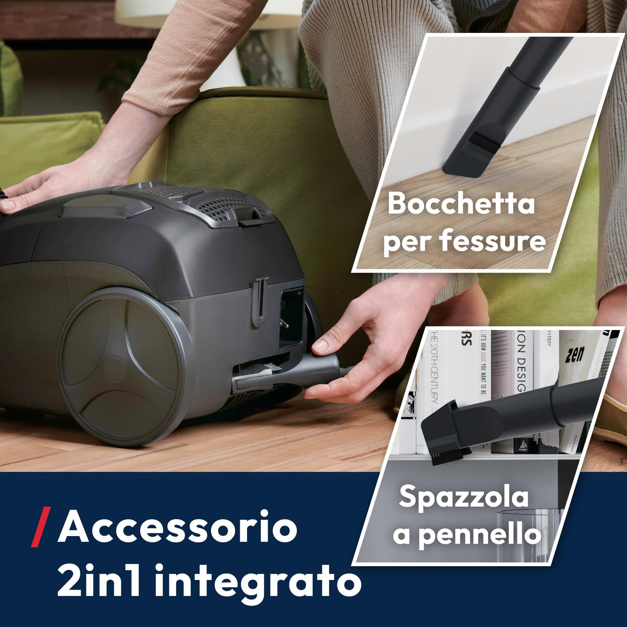 Hoover HE1 Aspirapolvere a traino con sacco compatto e potente per pavimenti duri e tappeti, Filtro per la polvere EPA, Capacità del sacco 2,5L, Accessori integrati, Raggio d'azione 7,5m [HEZ107HM]