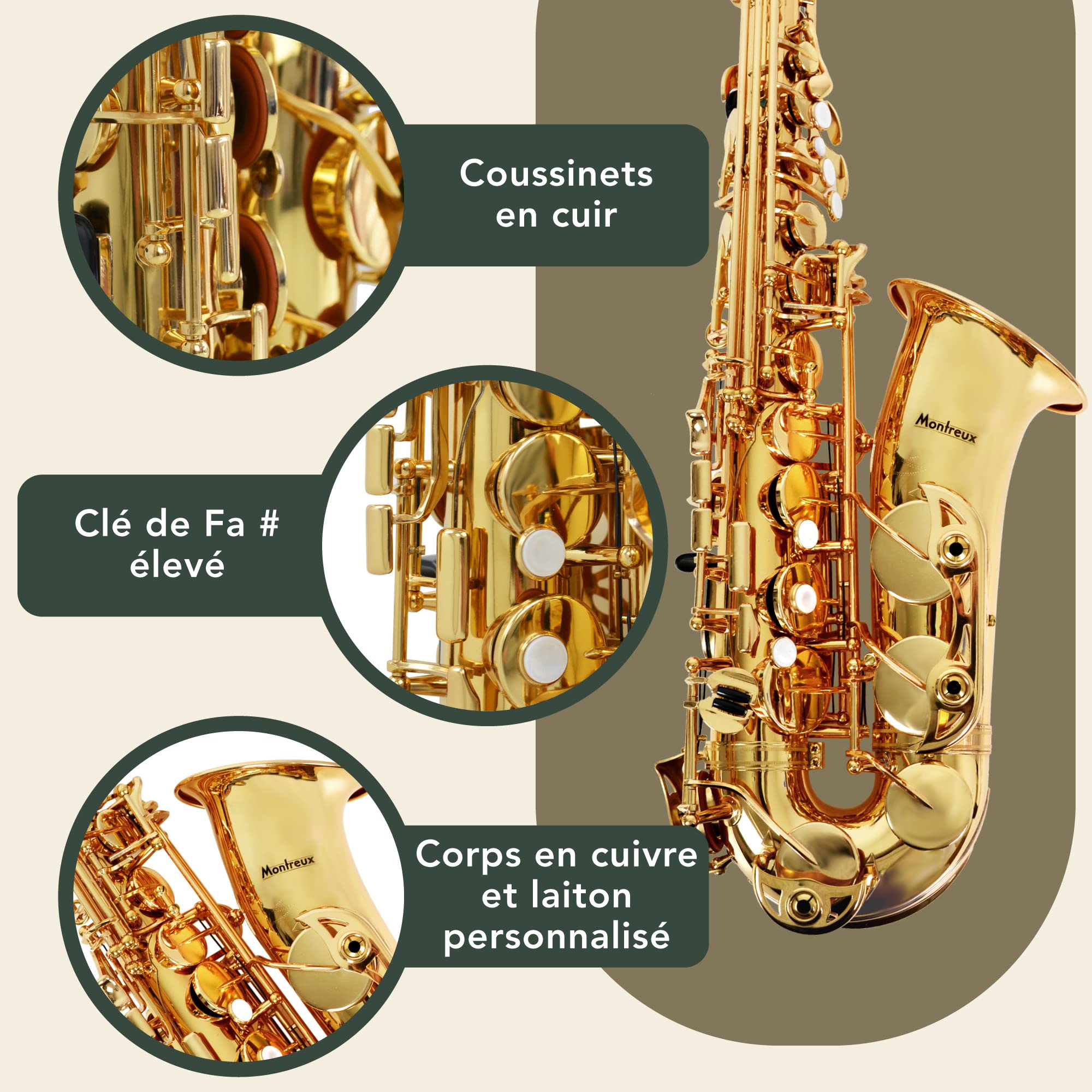 Montreux Série De Concerts Saxophone alto Mib avancé intermédiaire avec étui de transport haut de gamme, embouchure, anche, sangle de cou - Laiton laqué, clé de fa # aigu, mi bémol