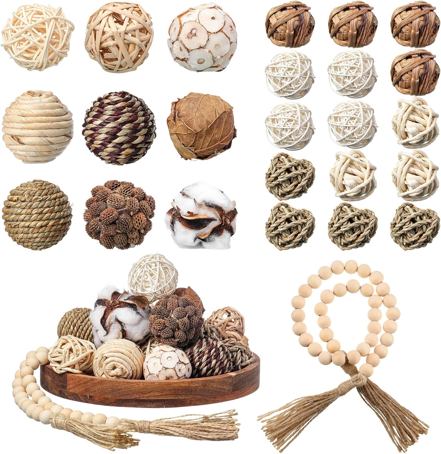 Halloscume 25 Pcs 3.15 and 1.97 Inch Decorative Balls, 20.9 Inch Garland Wood Beads Rattan Wicker Balls with Spheres Orbs Filler for Garden Table Vase Bowl Filler Centerpiece(Wood,Wicker Rattan)