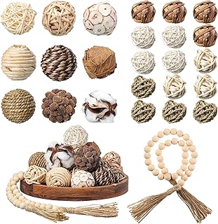 25 Pcs 3.15 and 1.97 Inch Decorative Balls, 20.9 Inch Garland Wood Beads Rattan Wicker Balls with Spheres Orbs Filler for Garden Table Vase Bowl Filler Centerpiece(Ordinary Wicker Rattan)