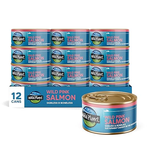 Wild Planet Salmón rosa salvaje, sin piel y sin hueso, pescado enlatado, salmón enlatado, capturado de forma sostenible, sin OMG, Kosher, sin