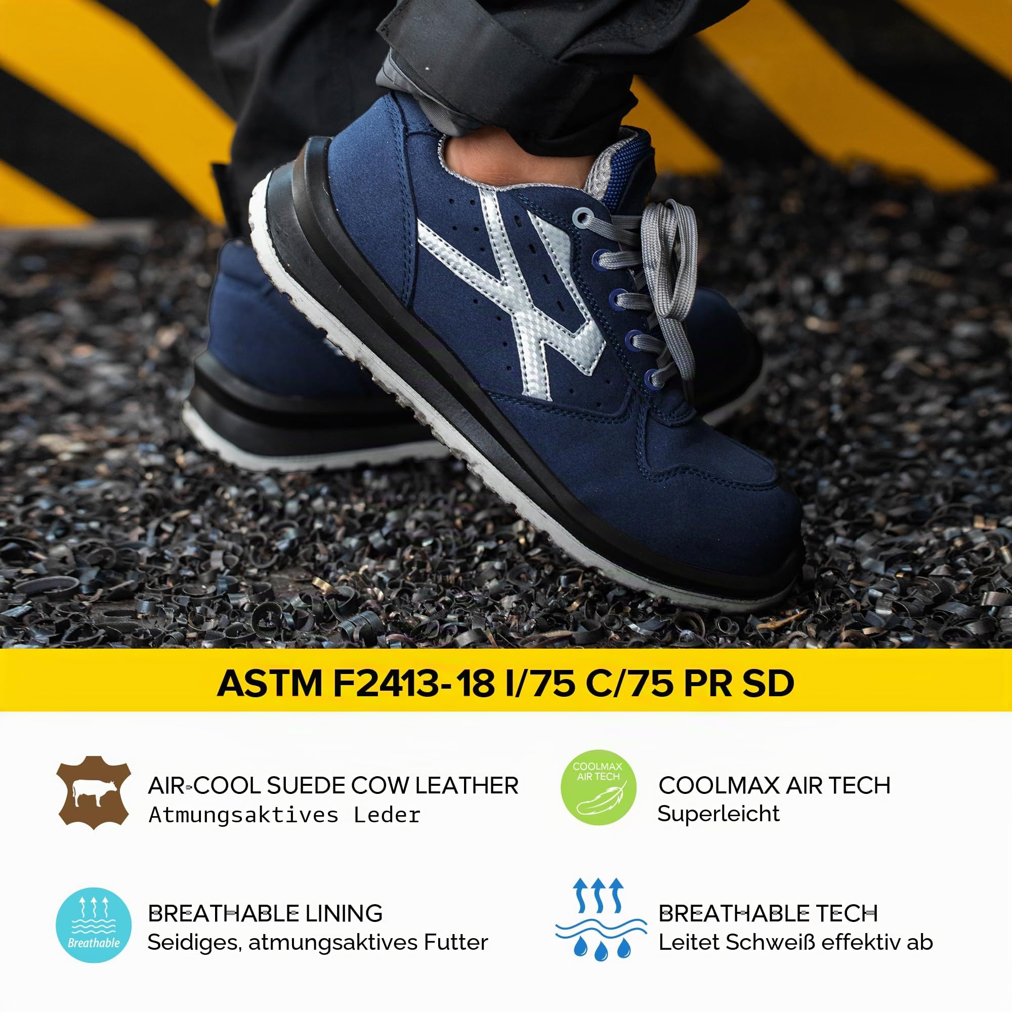 SAFETOE Herren Arbeitsschuhe S1P L7328 - Leichte Sicherheitsschuhe mit Composite-Kappe - Wasserdichtes Blaues Leder - Für Extremer Komfort & Arbeit
