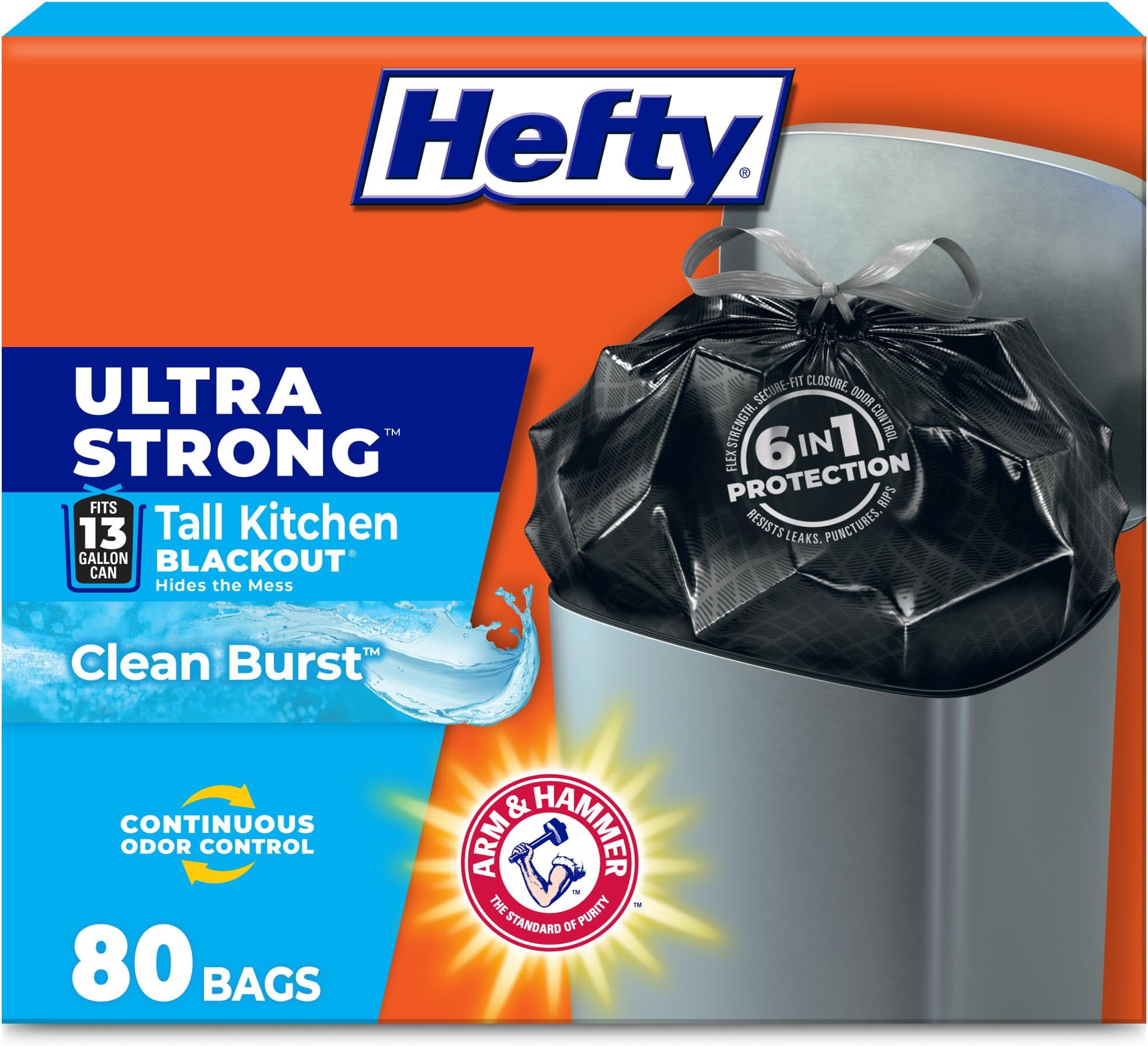 Hefty Ultra Strong 13 Gal Kitchen Trash Bags, Black, Clean Burst, 80ct