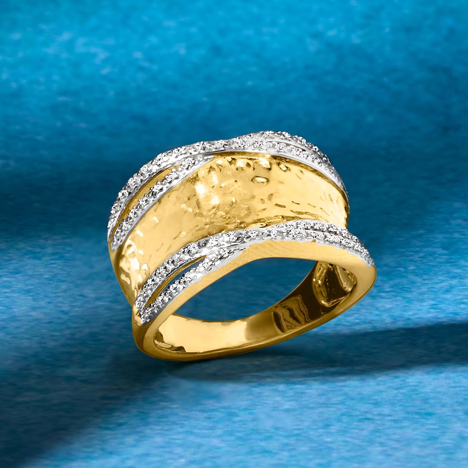 Ross-Simons 0.13 ct. t.w. Diamond Hammered Ring in 18kt Gold Over Sterling. Size 10