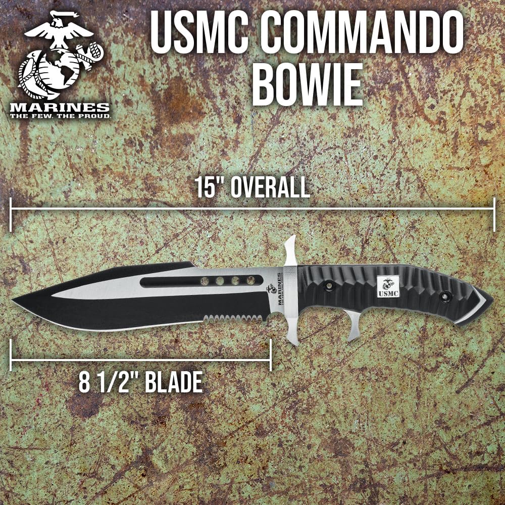 USMC Commando Bowie Knife | 8 1/2-Inch Two-Toned 3Cr13 Stainless Steel Blade | Weight-Reducing Through Holes | Partial Serrated Sawback | Sub Hilt Grip | Rugged Polypropylene Handle | 15