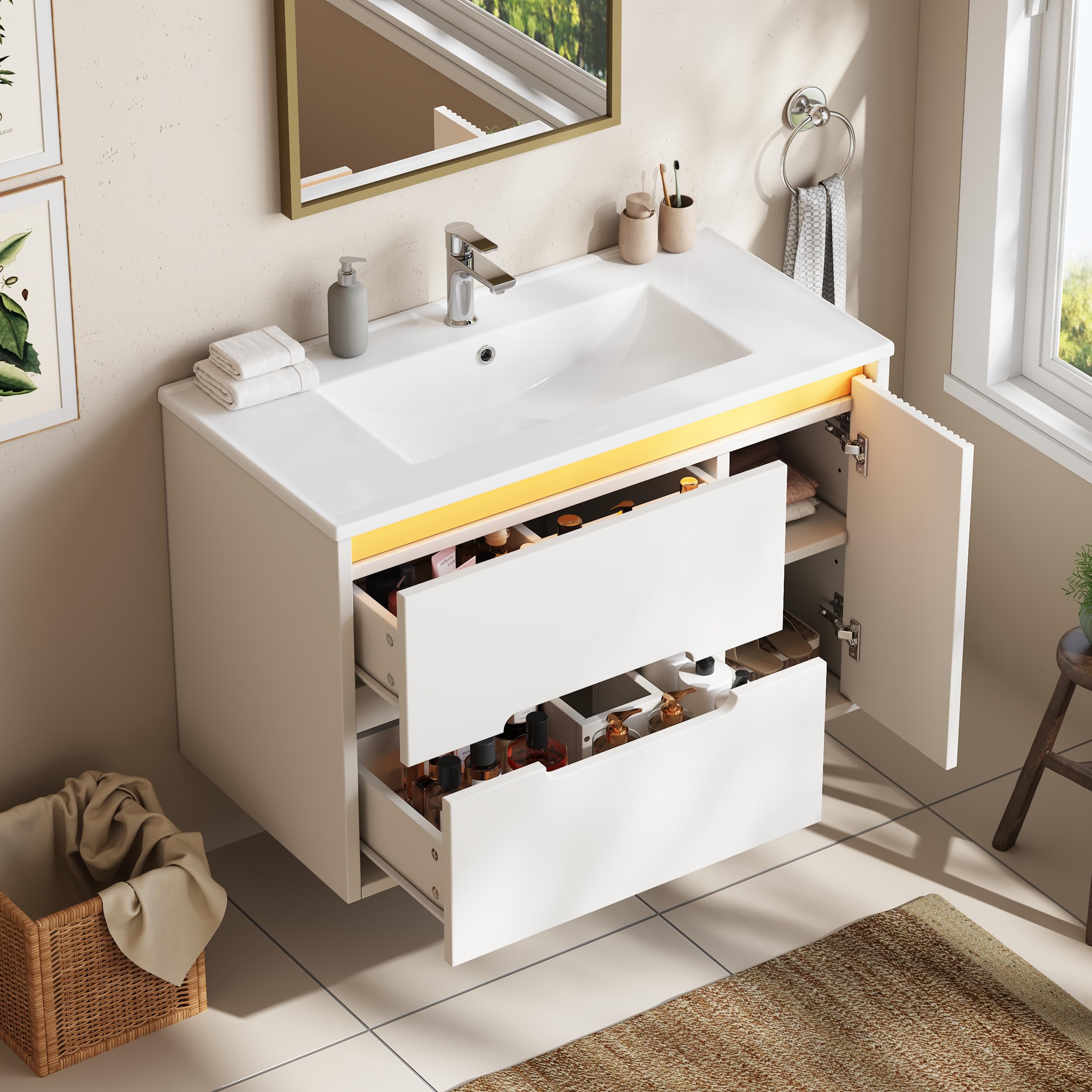 Armario de lavabo de cerámica de 81 cm montado en la pared, textura ondulada e iluminación LED, bisagras de cierre suave, estantes ajustables, cajones y puertas, color blanco, sin grifo
