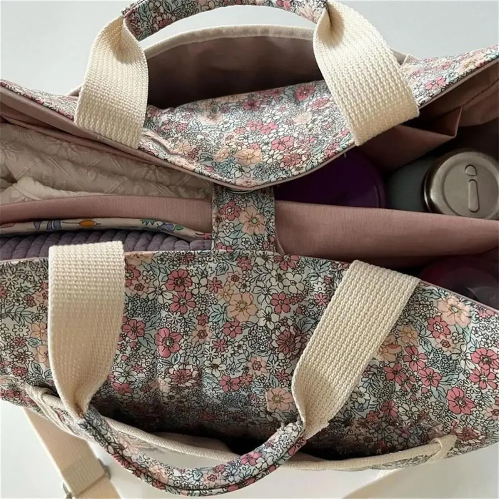 Tragbare Blumendruck-Mama-Kindertasche, multifunktionale Baumwoll-Umhängetasche, große Kapazität, Handtasche, Aufbewahrungstasche, Mutter-Kind-Kinderwagen-Taschen-Organizer