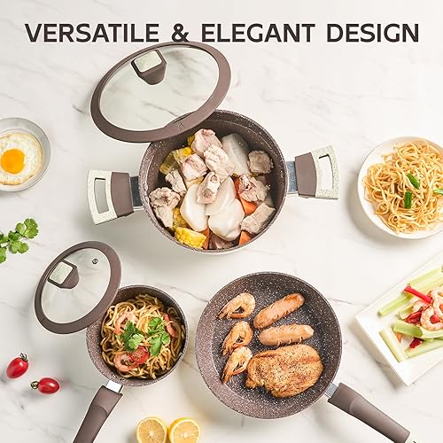 Miniatura 7 de Juego de ollas y sartenes antiadherentes, juego de utensilios de cocina de cerámica de 5 piezas, utensilios de cocina de inducción saludables no